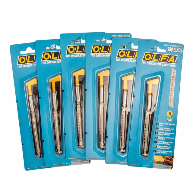 Olfa 6 Stück Cutter-Messer 180 Black, 9 mm Klinge, in schwarzer Metallausführung